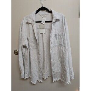 White Long Sleeve Casual Top with Front Pockets ee:some brand Button Down Frayed